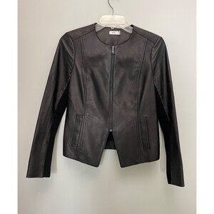 Vince Black lamb Leather Moto Jacket Fitted Zip Up mix knit sleeve size 4